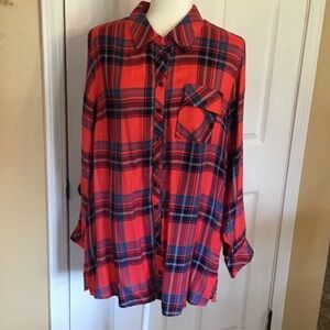 Tolani Deep Coral and Blue Plaid Button-Down Statement Shirt with Floral back